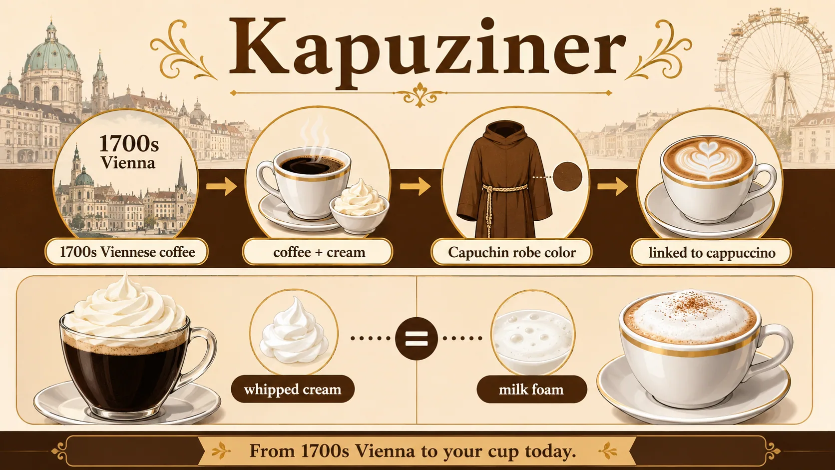 Kapuziner infographic tracing Viennese coffee with cream to cappuccino-style milk foam