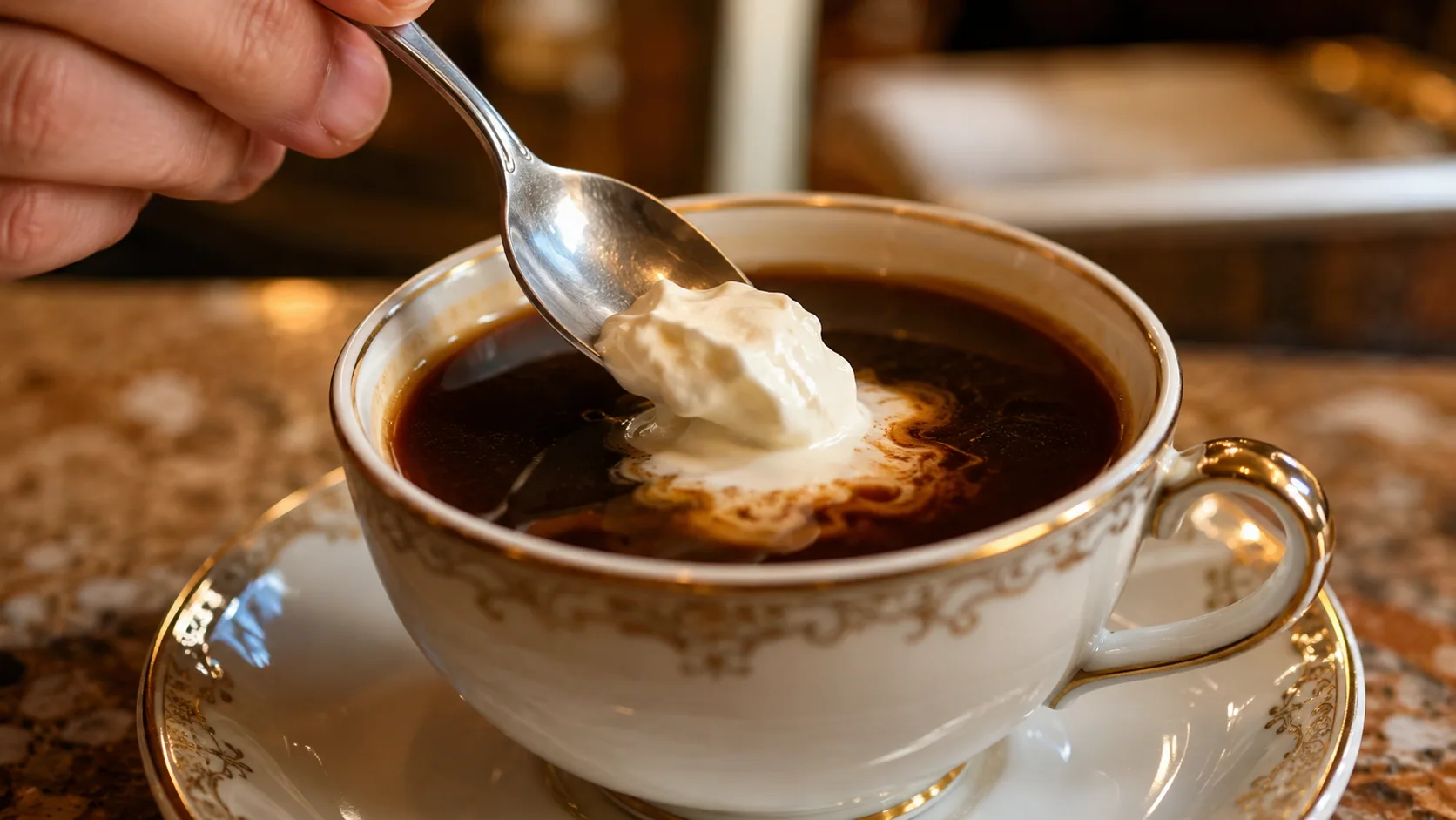 Spoon adding whipped cream to a Kapuziner coffee in a porcelain cup