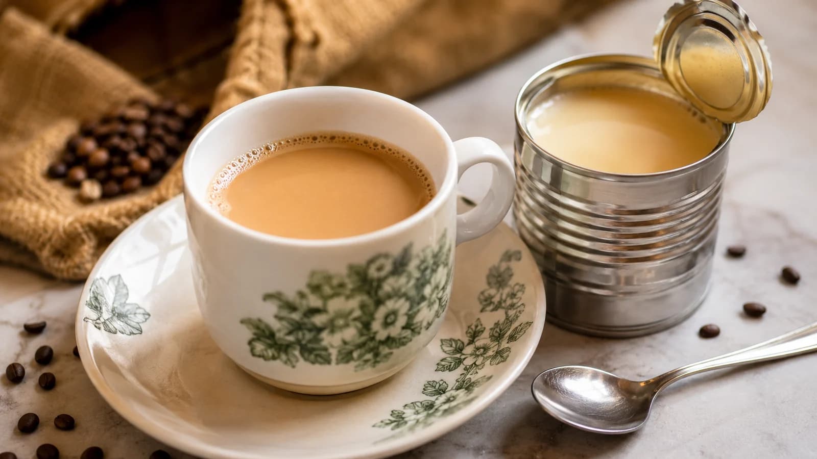 Kopi C with evaporated milk in a porcelain kopitiam cup