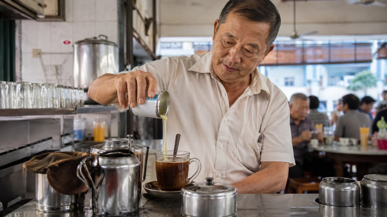 Hawker vendor adding evaporated milk to Kopi C in a kopitiam