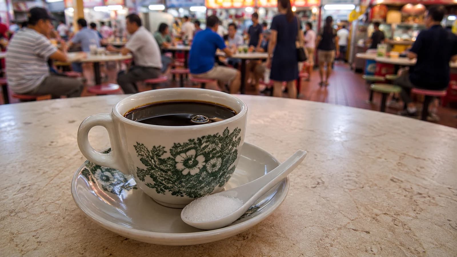 Kopi O black coffee with sugar in a Singapore hawker center