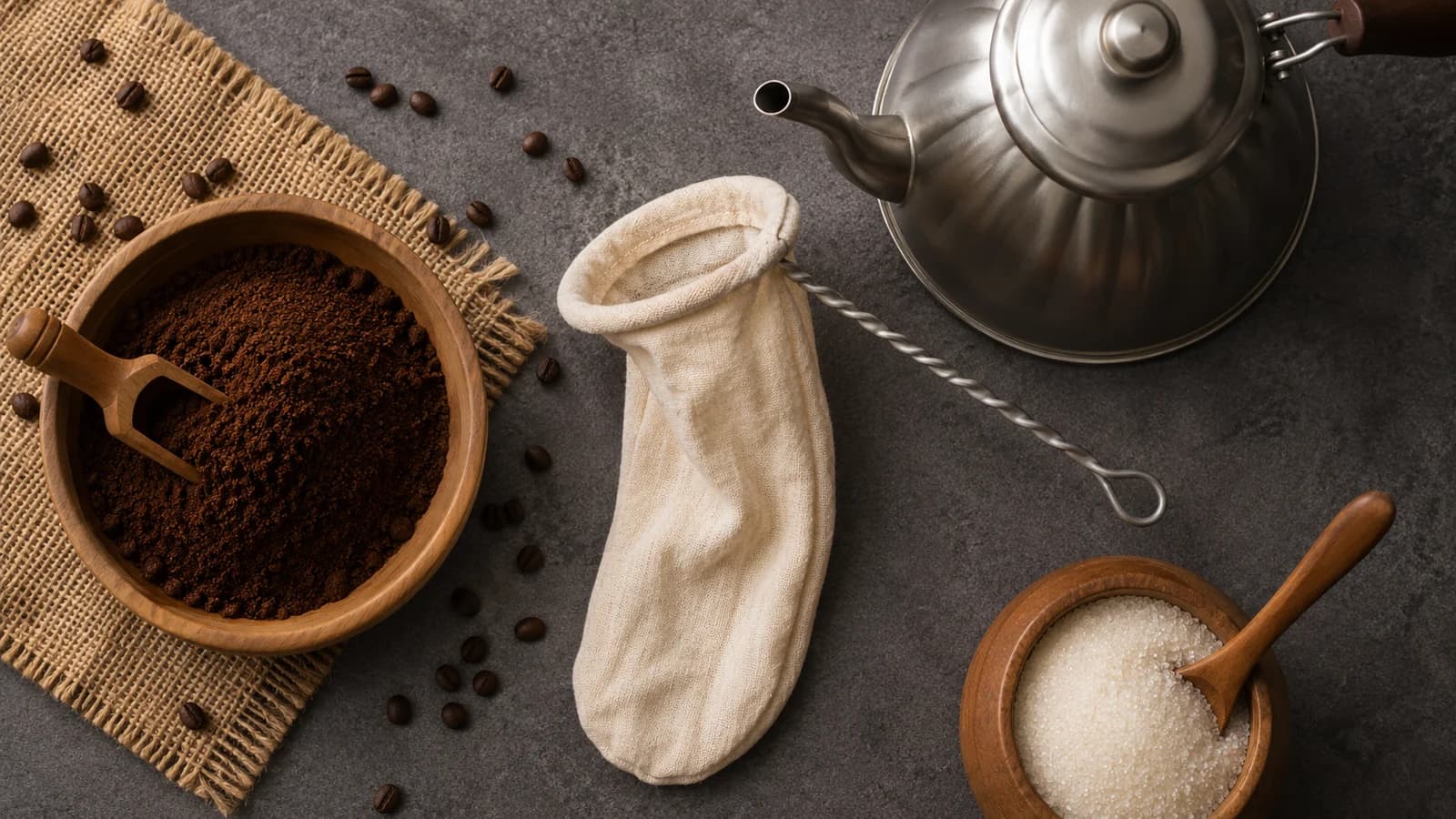 Kopi O ingredients with muslin sock filter, kettle, ground coffee, and sugar