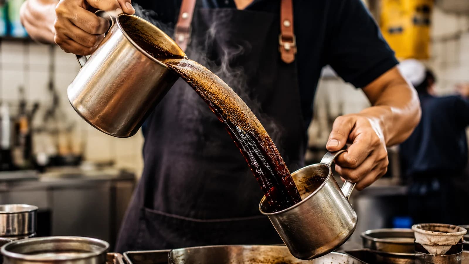 Kopi O being pulled between metal kettles in a kopitiam