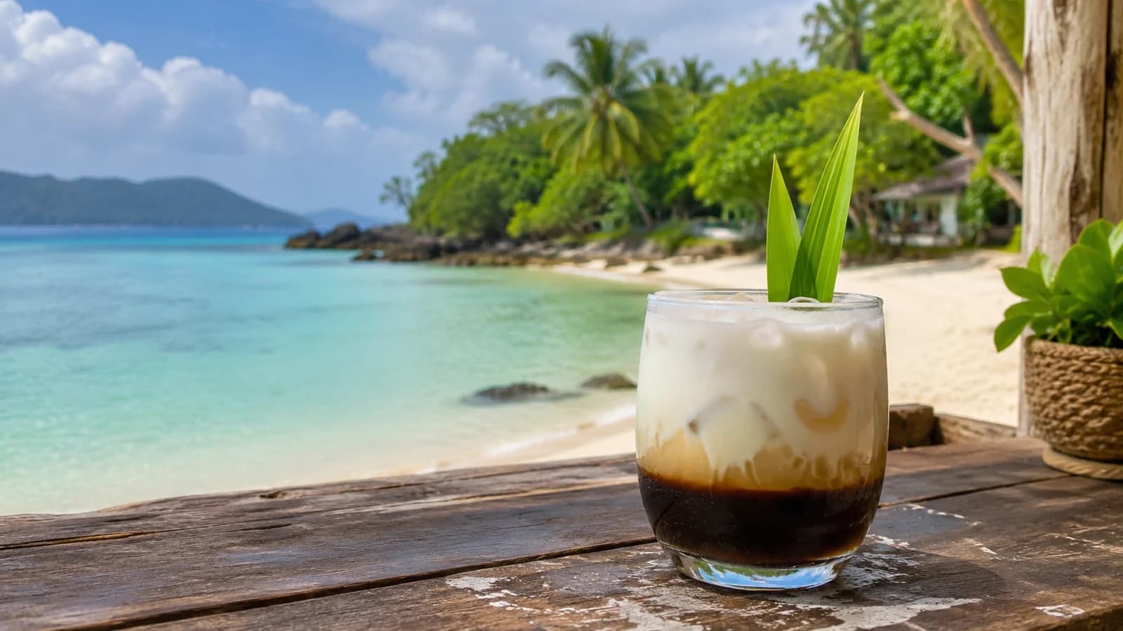 Iced kopi santan with coconut milk layers and pandan garnish on a tropical beach table