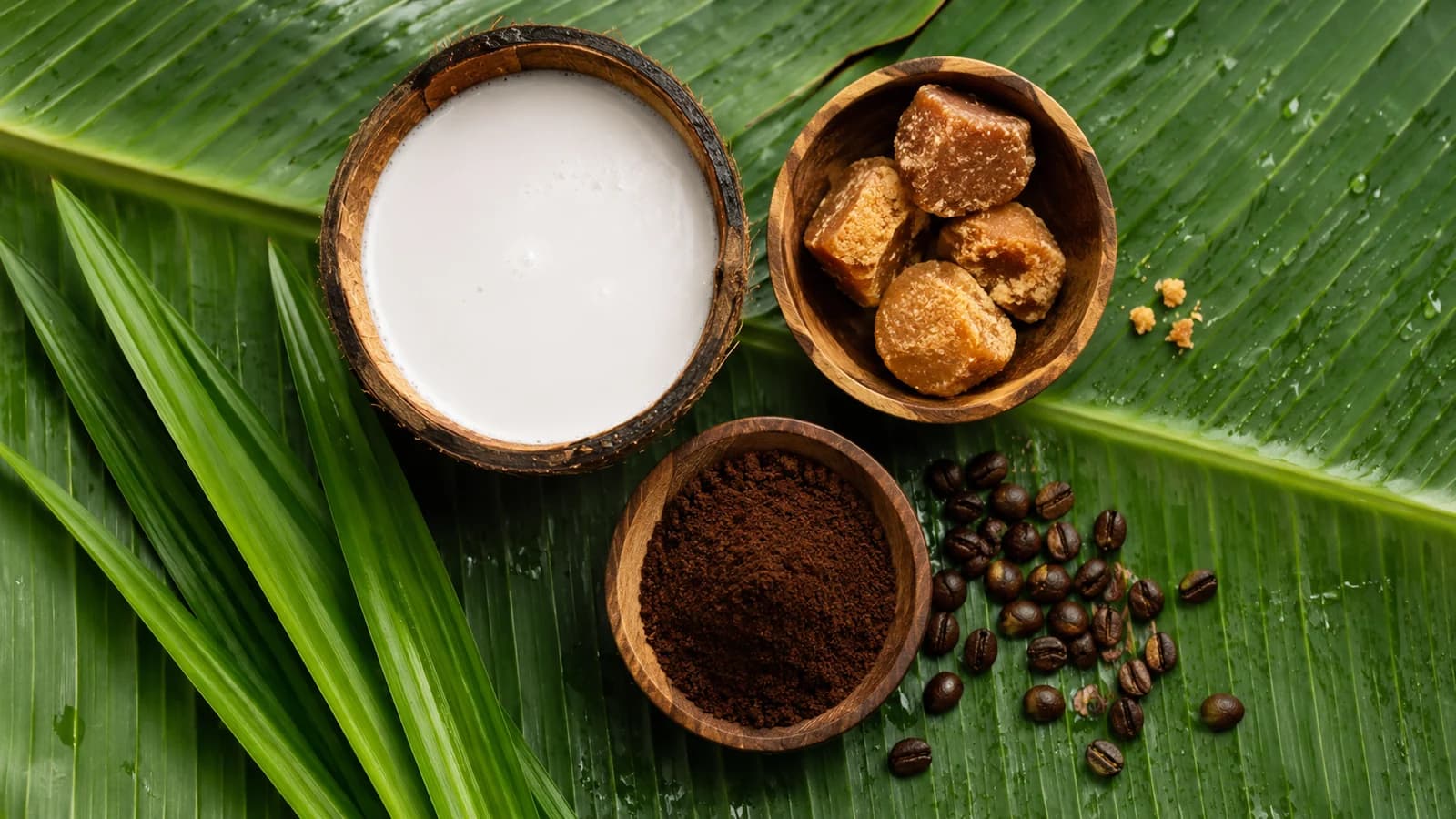 Kopi santan ingredients with coconut milk, palm sugar, coffee grounds, beans, and pandan leaves on banana leaves