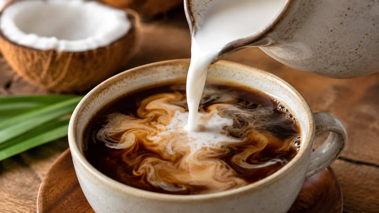 Coconut milk being poured into dark coffee to make kopi santan