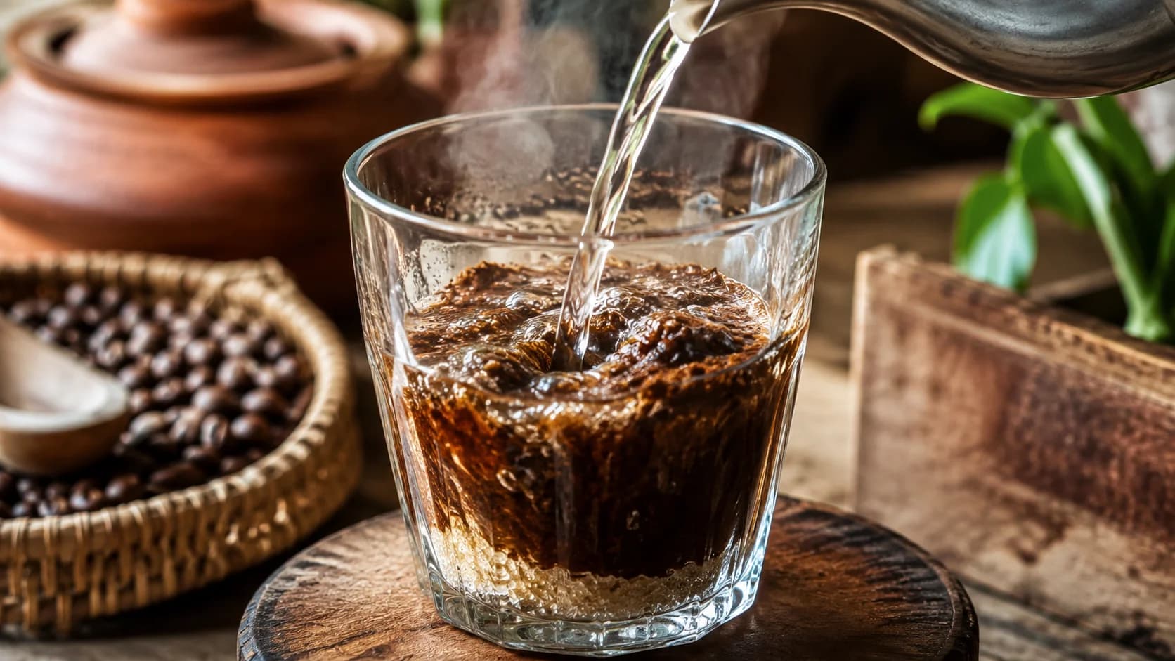 Kopi tubruk preparation with ground coffee and sugar in a glass before hot water is added
