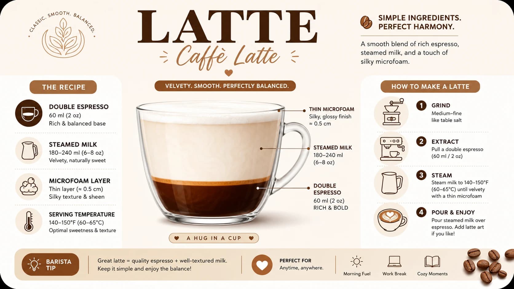 Caffè latte structure showing espresso, steamed milk and a thin microfoam layer