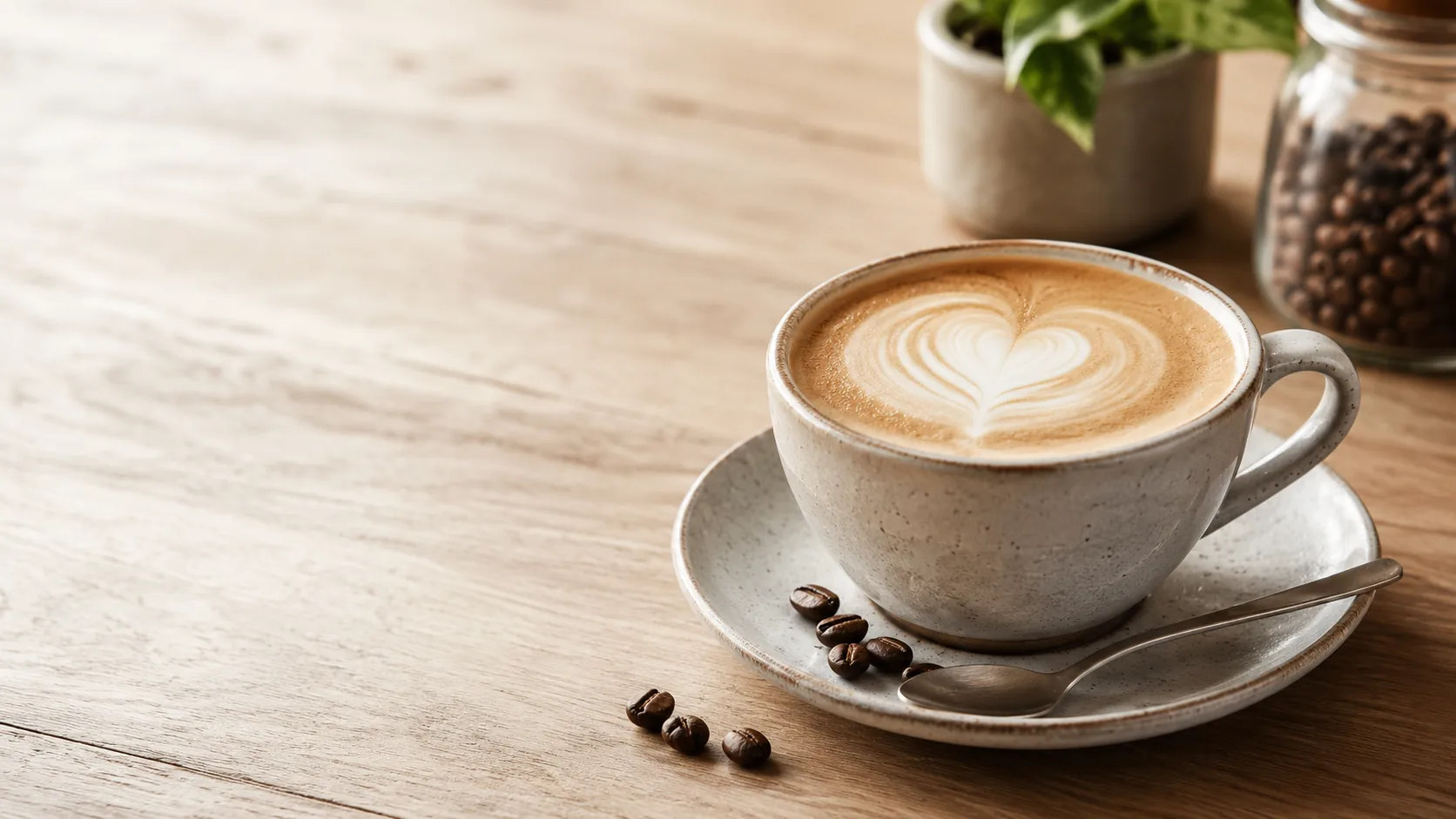 Caffè latte with thin heart-shaped microfoam in a ceramic cup