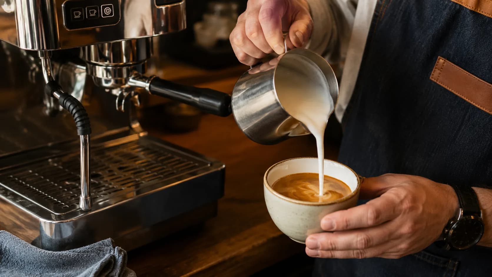 Glossy steamed milk being poured into espresso to make a caffè latte
