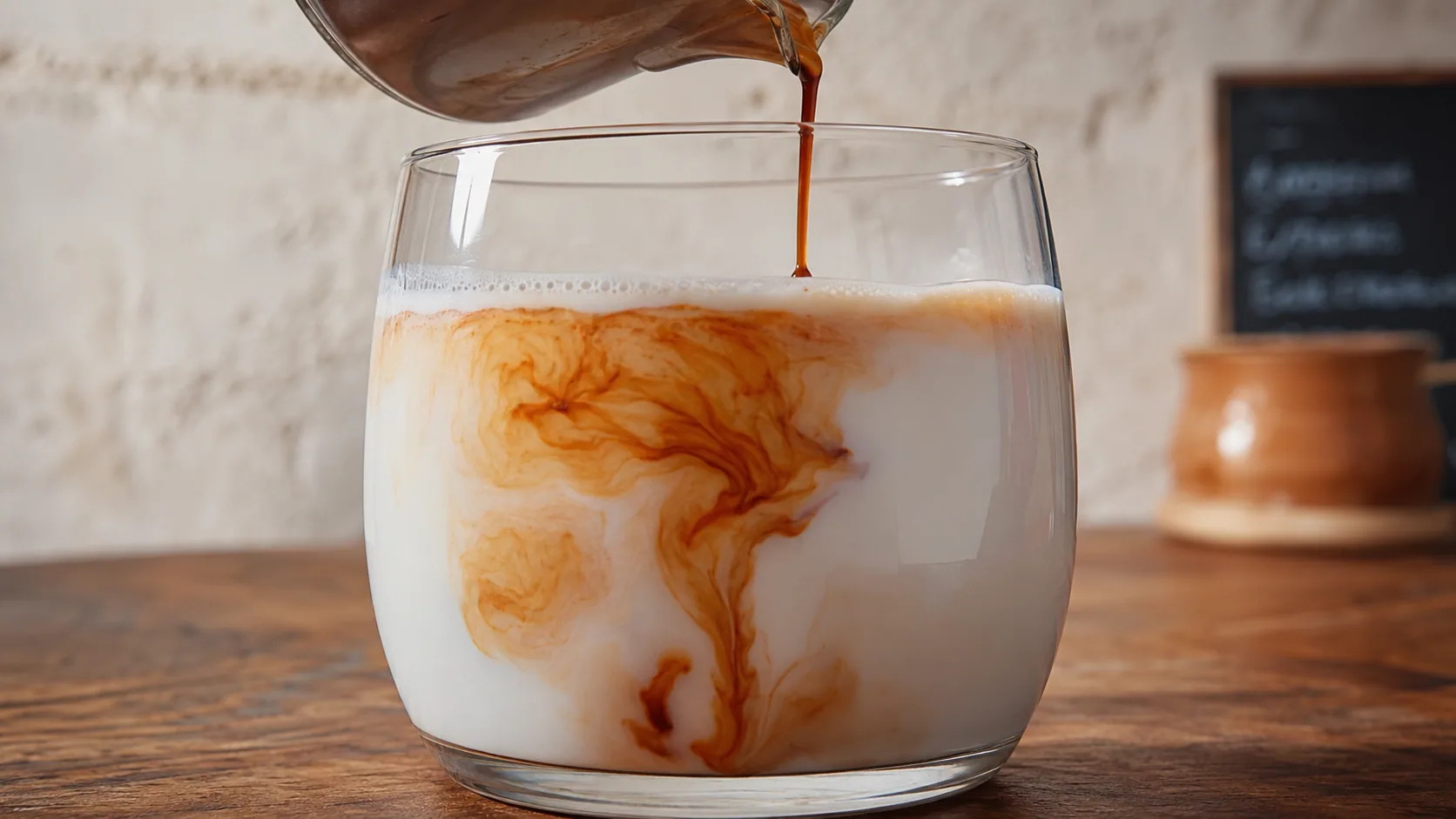 Coffee being poured into a glass of hot milk to make leche manchada