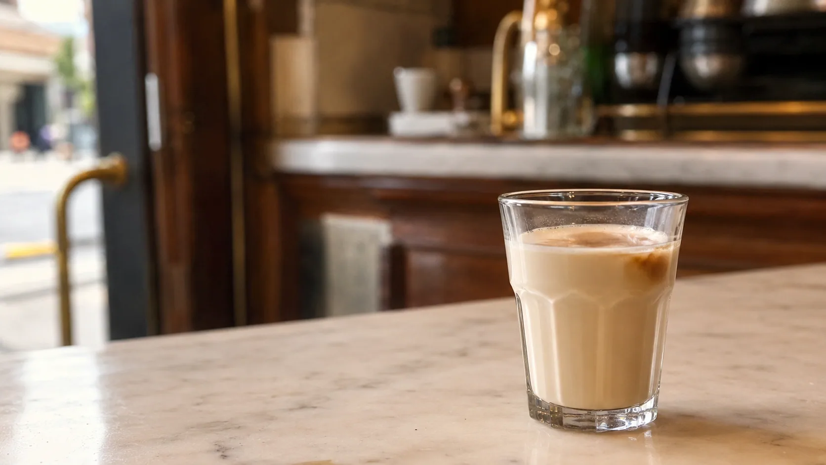 Leche manchada served in a glass with mostly milk and a small coffee stain on top
