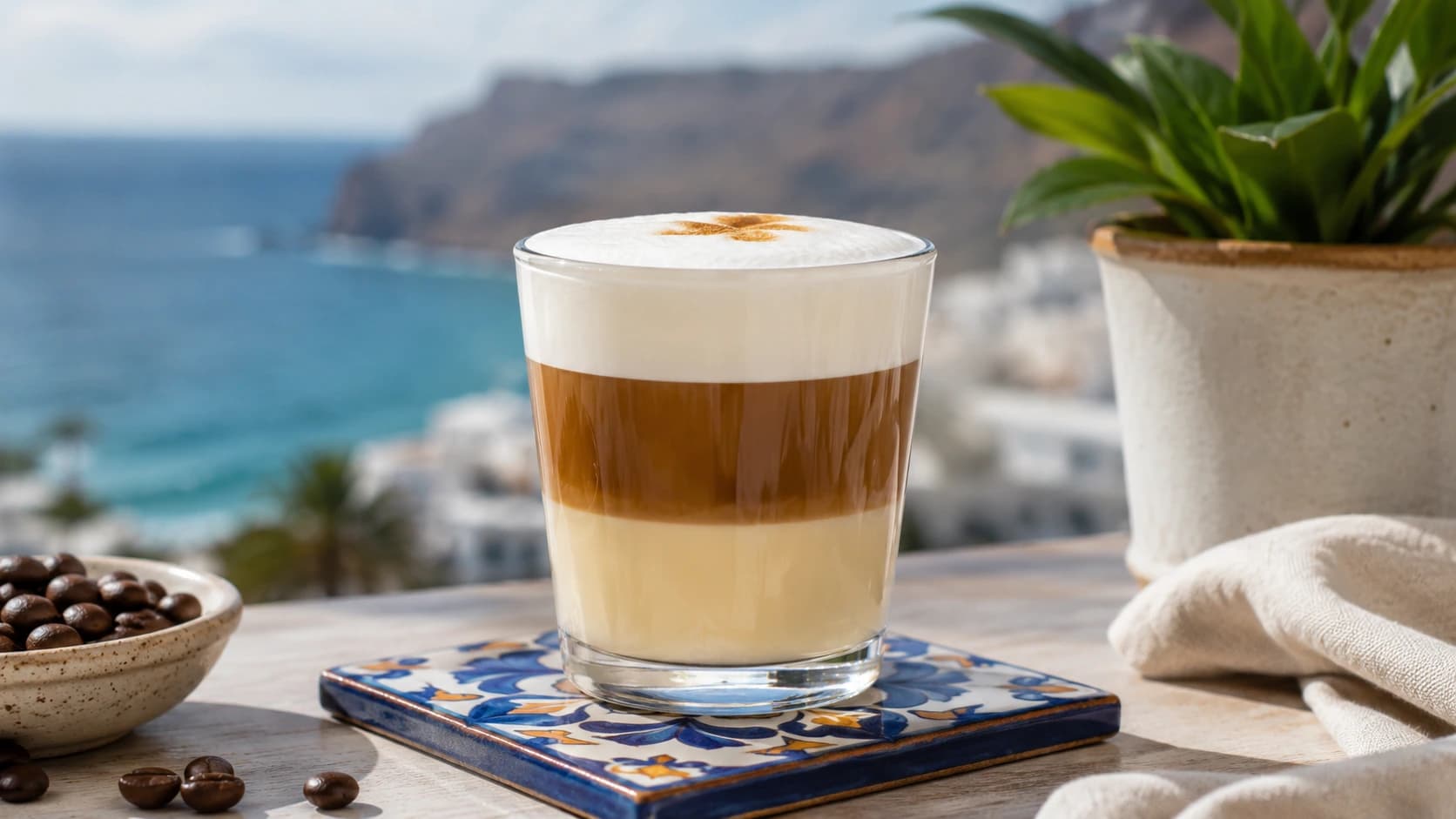 Leche y leche layered with condensed milk, coffee, and foam on a Canarian tile coaster