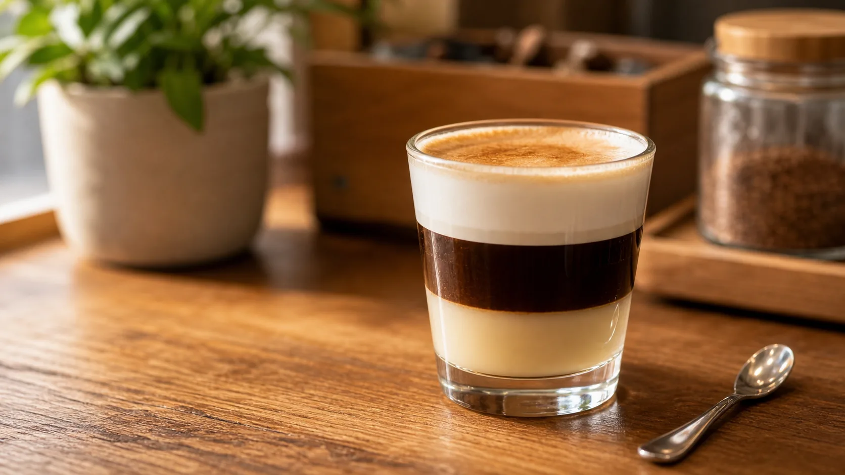 Leche y leche in a glass with condensed milk, espresso, and foam layers