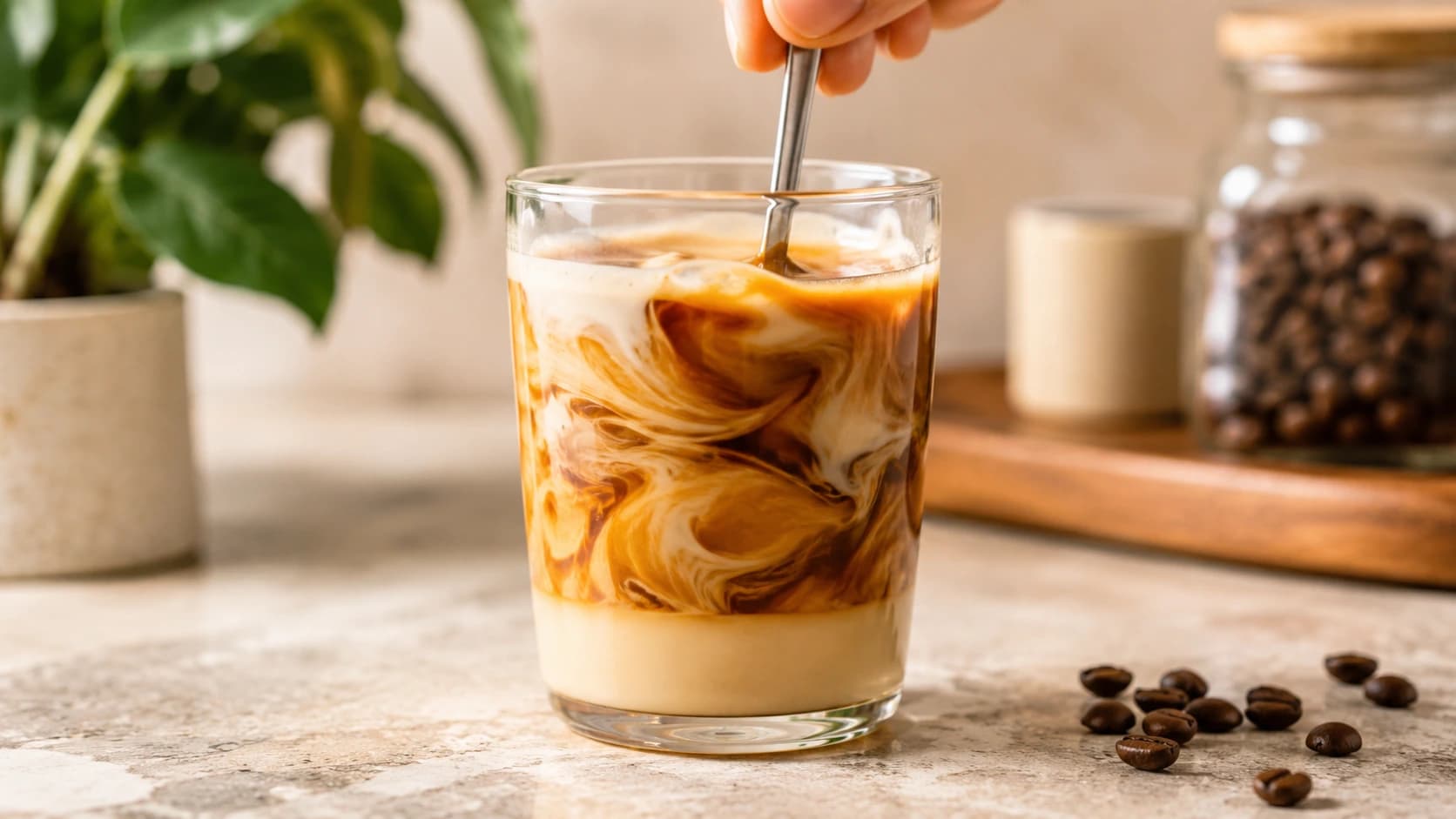 Leche y leche being stirred to marble condensed milk through coffee and foam