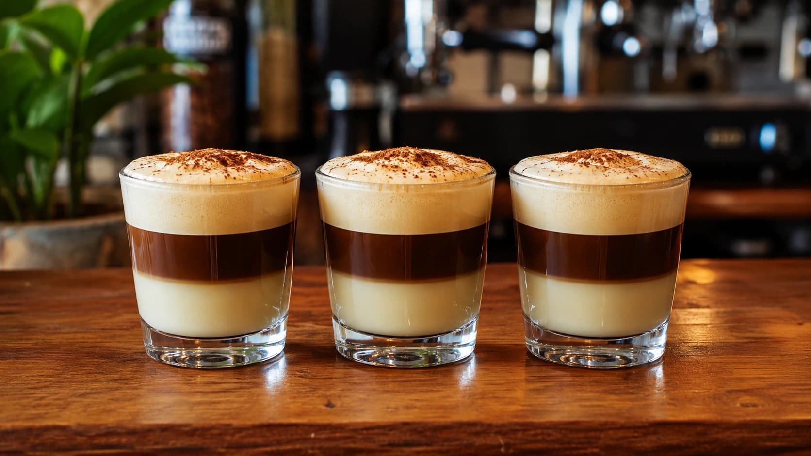 Three glasses of leche y leche showing condensed milk, coffee, and foam layers on a wooden bar