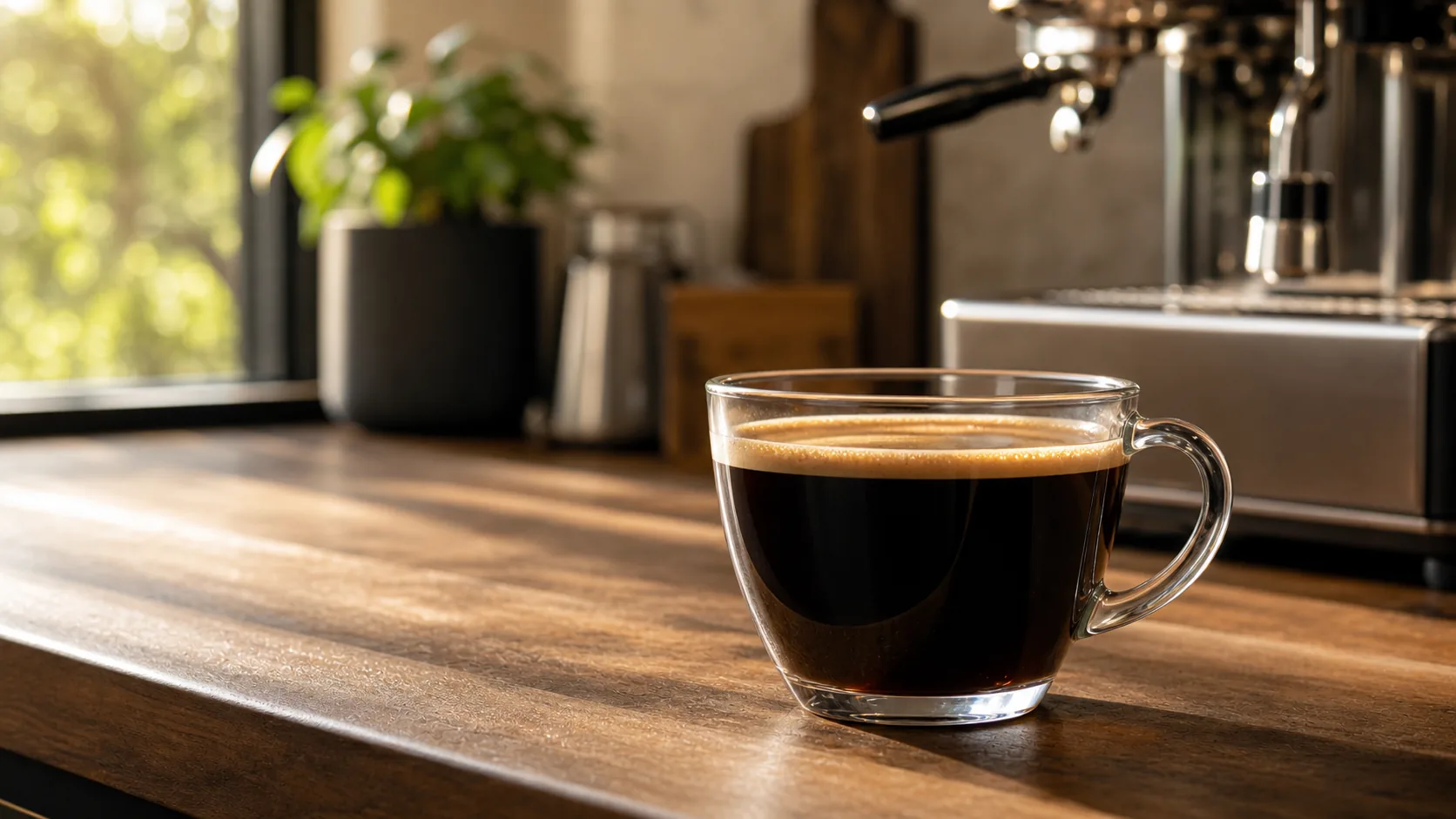Long black coffee in a clear cup on a warm cafe counter