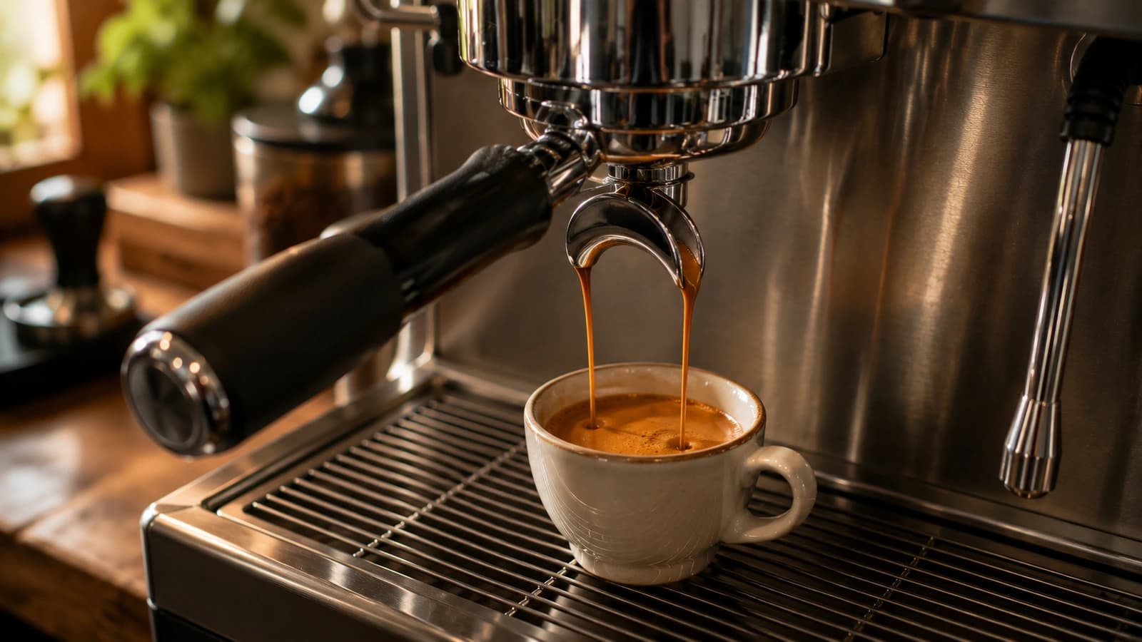 Lungo coffee extracting from a double-spout portafilter into a small cup