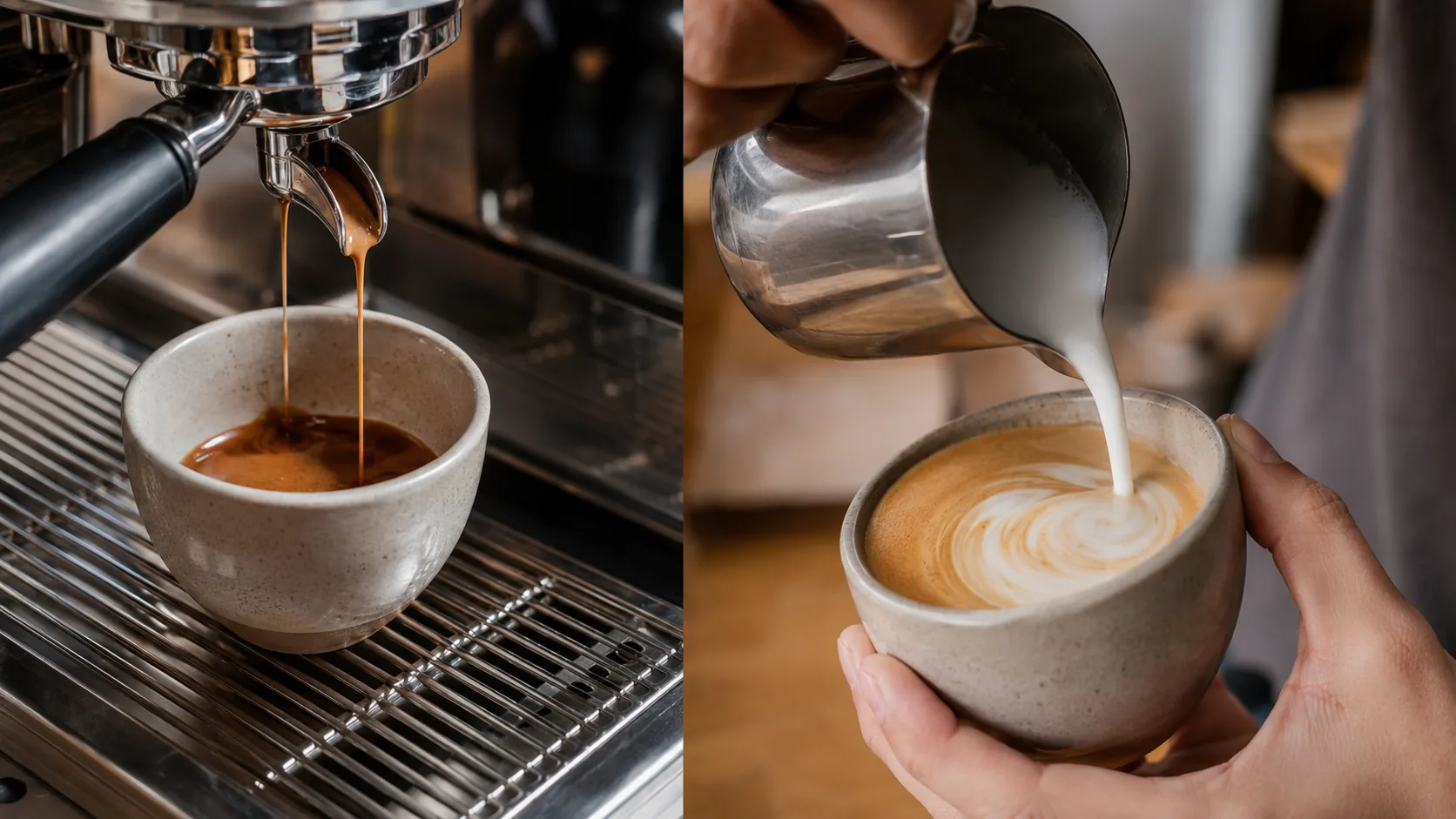 Split view of double ristretto extraction and steamed milk being poured for magic coffee