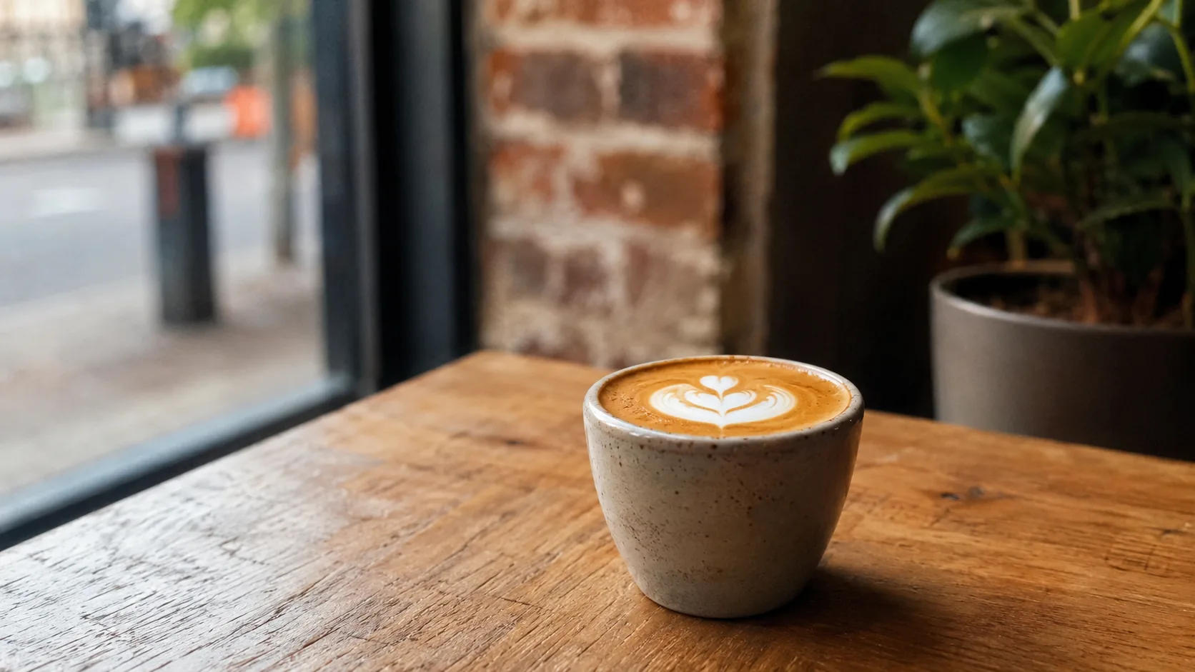Magic coffee with latte art in a small ceramic cup on a Melbourne cafe table