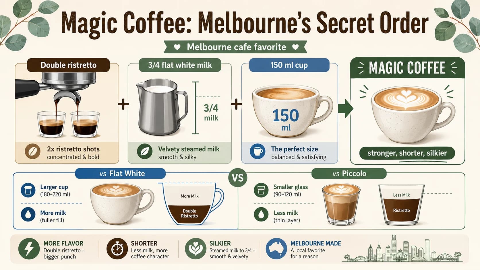 Magic coffee infographic explaining the Melbourne drink with double ristretto, three-quarter flat white milk, and a 150 ml cup