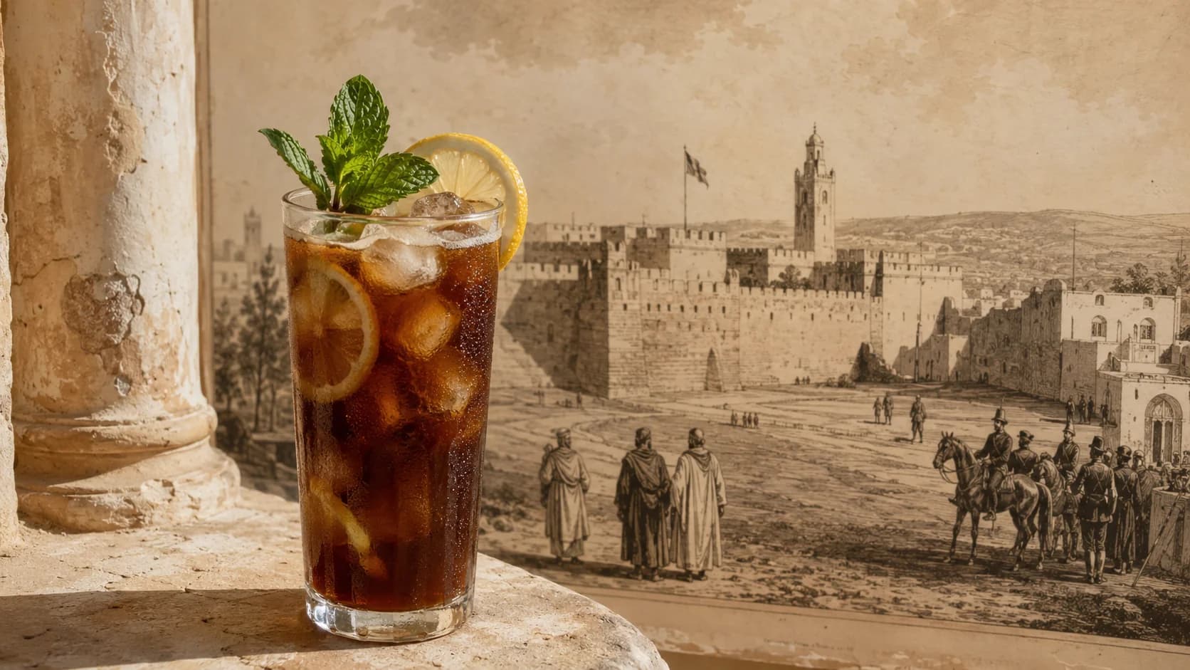Mazagran iced coffee with lemon beside a historical North African illustration