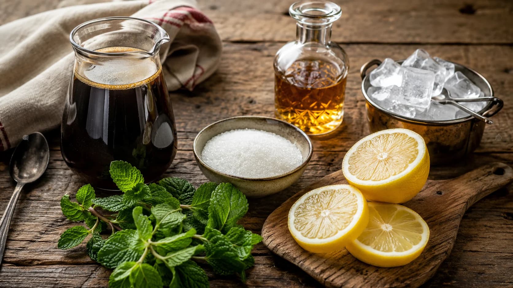 Measured Mazagran ingredients including espresso, lemon, simple syrup, water and ice