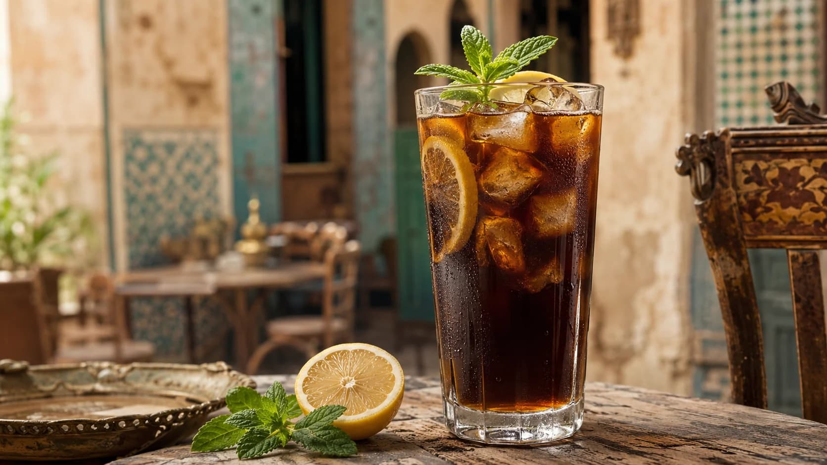 Tall Mazagran iced coffee with lemon peel, mint and large ice cubes