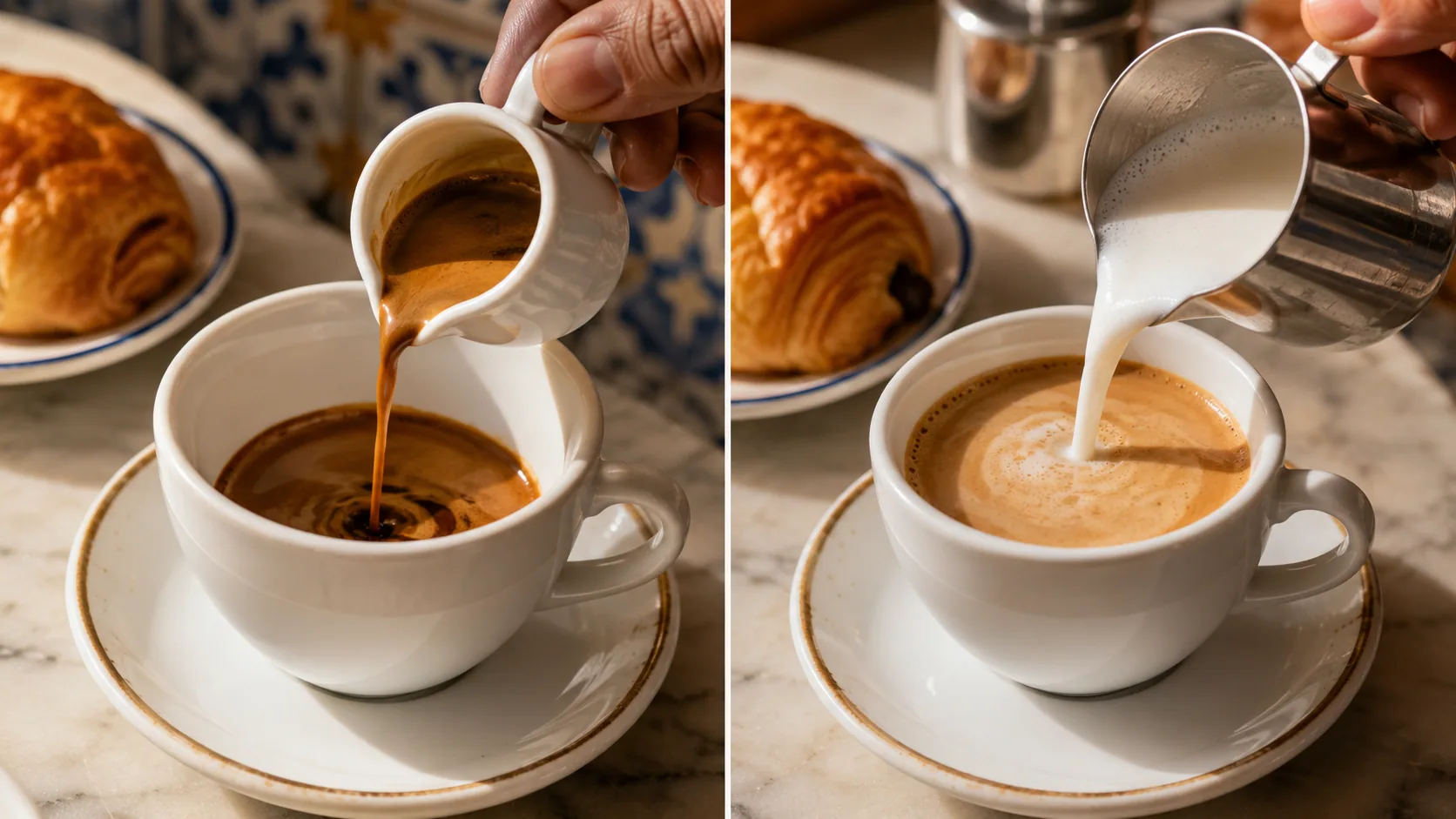 Espresso and steamed milk being poured into a cup to prepare meia de leite