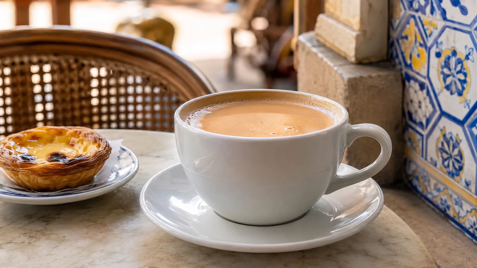 Meia de leite served in a white cup beside a pastel de nata in a Portuguese cafe