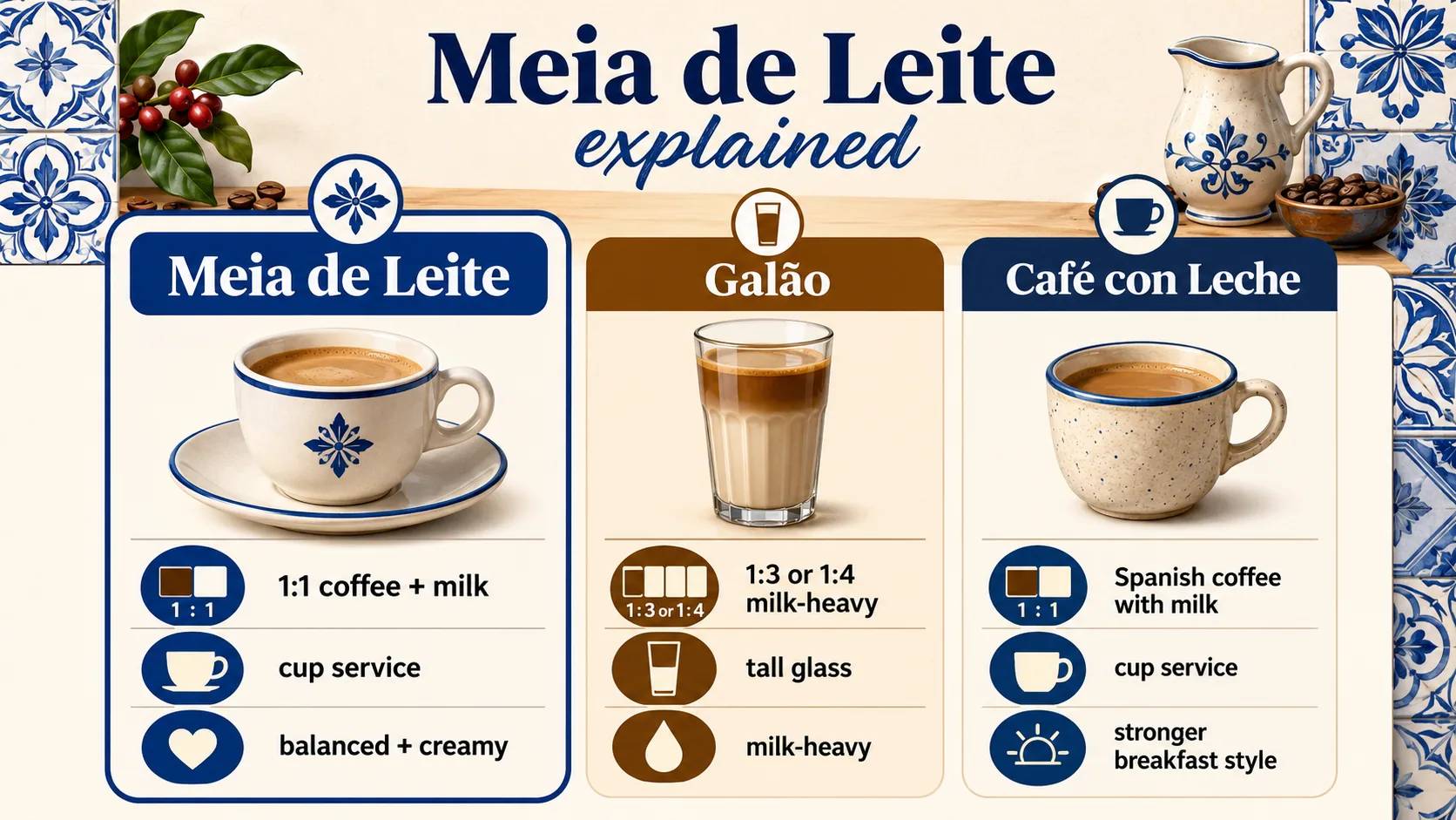 Meia de leite infographic comparing the Portuguese coffee with galao and cafe con leche