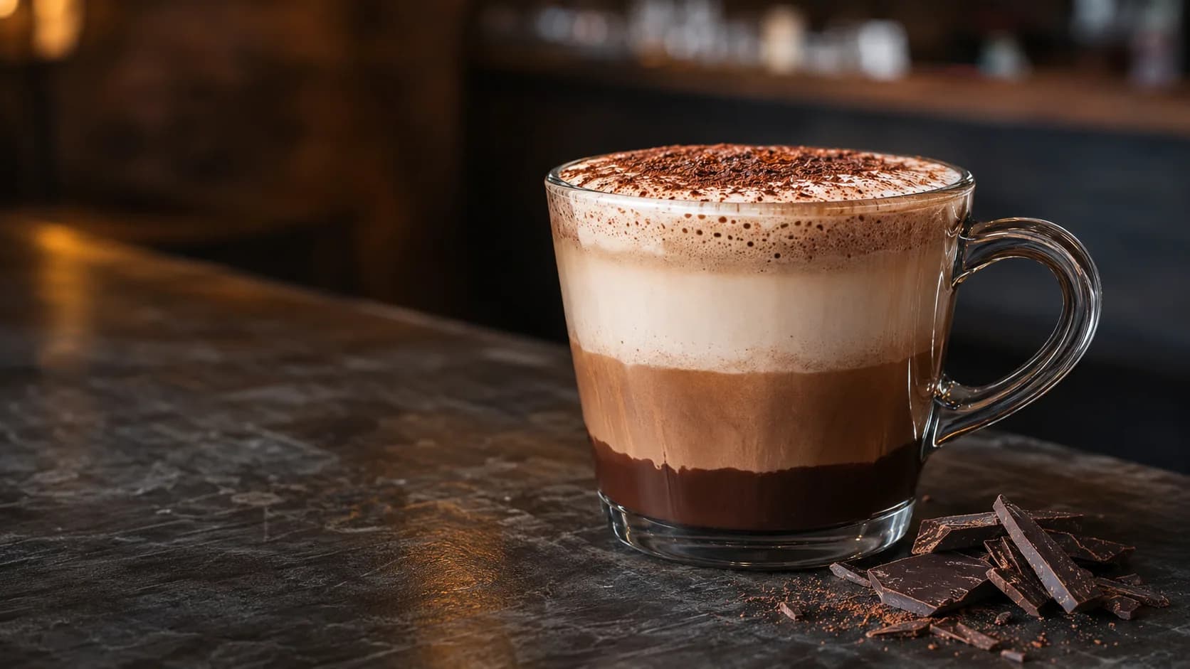 Caffe mocha in a glass mug with chocolate shavings on a cafe counter
