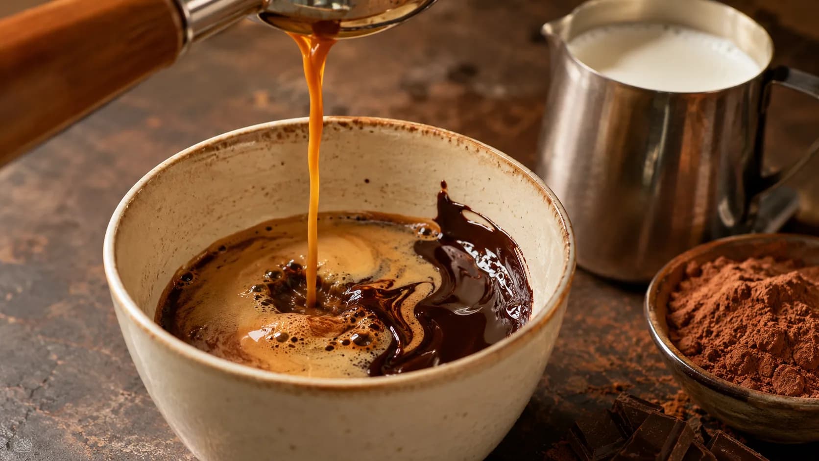 Espresso pouring into chocolate sauce with cocoa powder and milk for caffe mocha preparation
