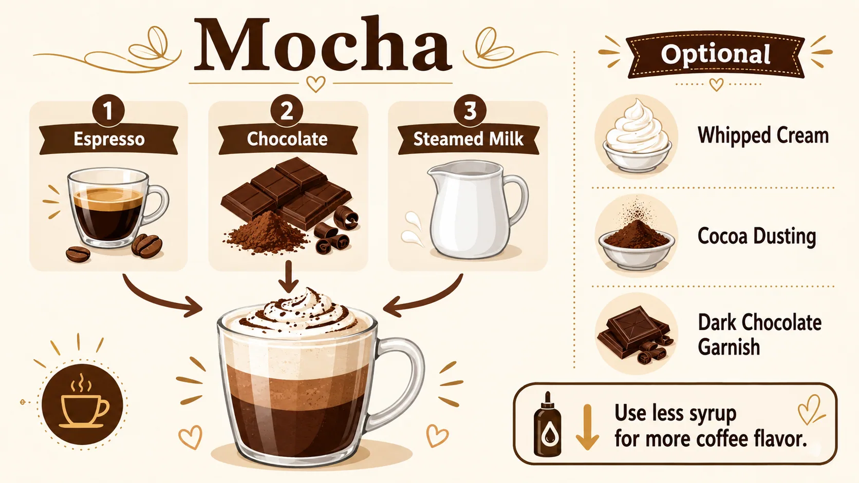 Mocha infographic showing espresso, chocolate, steamed milk, and optional whipped cream toppings