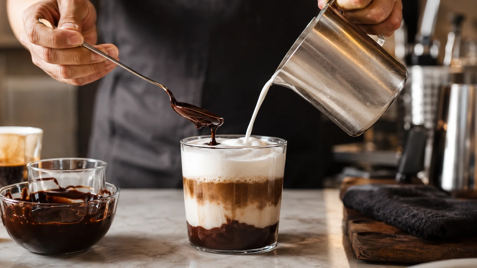 Mochaccino preparation with chocolate sauce, espresso, and foamy steamed milk layered in a glass