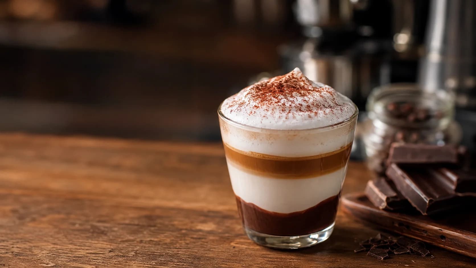 Mochaccino in a transparent glass with chocolate base, espresso, steamed milk, and cocoa-dusted foam