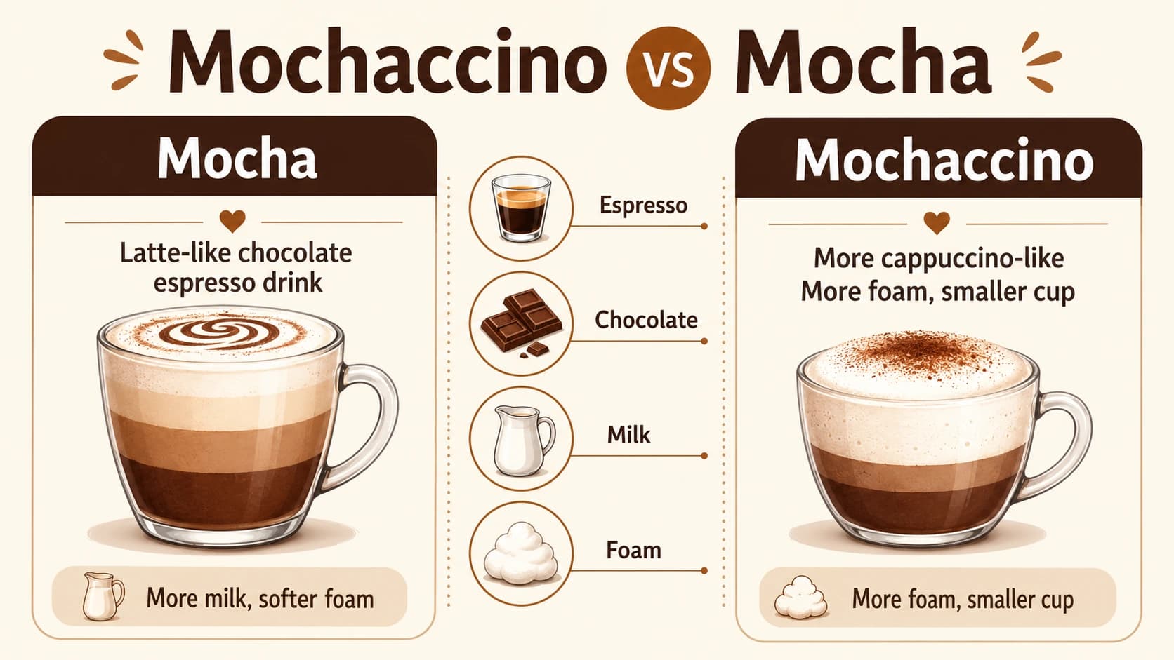 Mochaccino vs mocha infographic comparing chocolate espresso, milk volume, foam height, and cup size