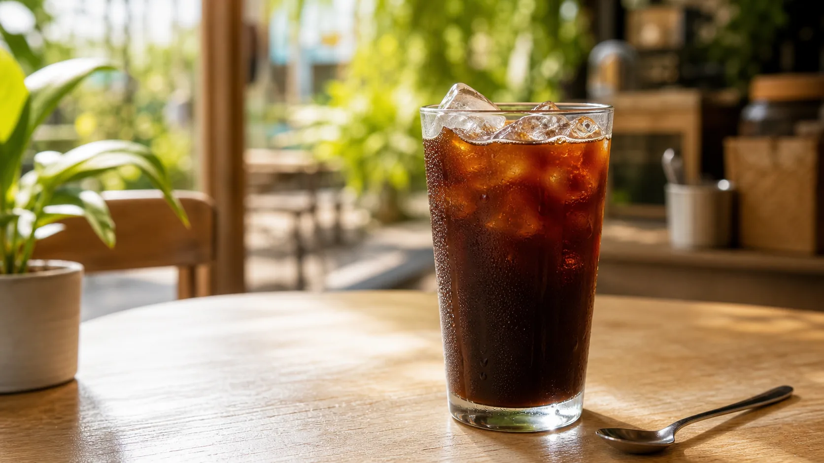 Tall glass of black Oliang-style iced coffee with condensation on the glass