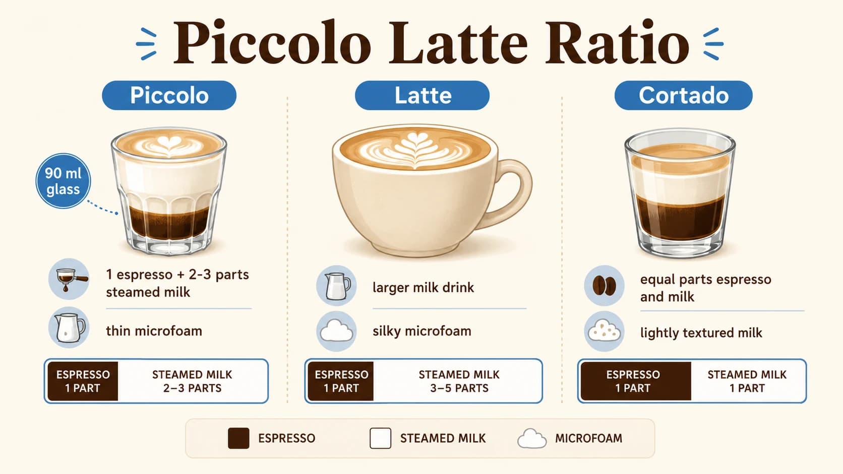 Piccolo latte, latte and cortado compared by common milk ratio and serving size