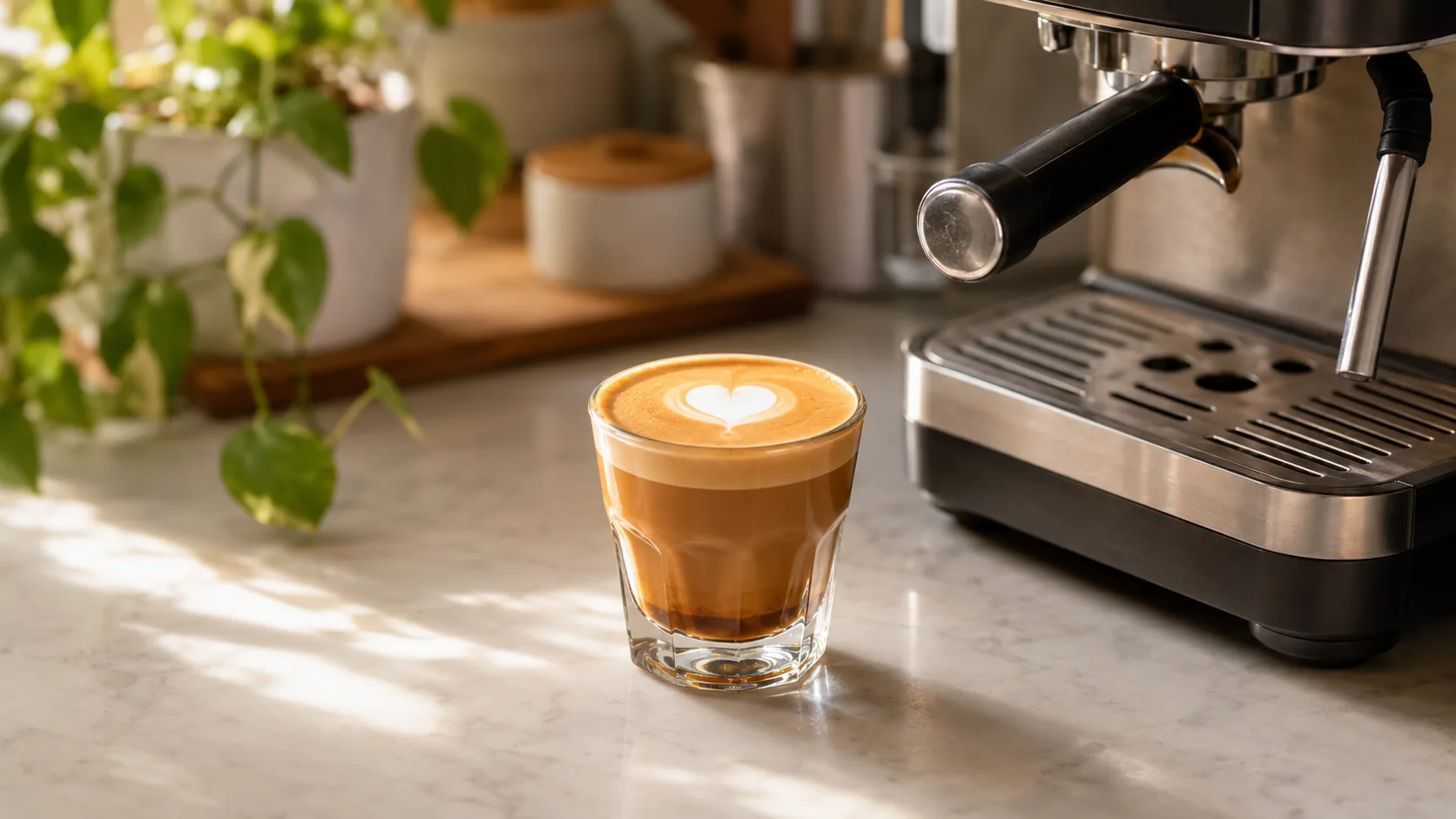 Piccolo latte in a small glass beside a home espresso machine
