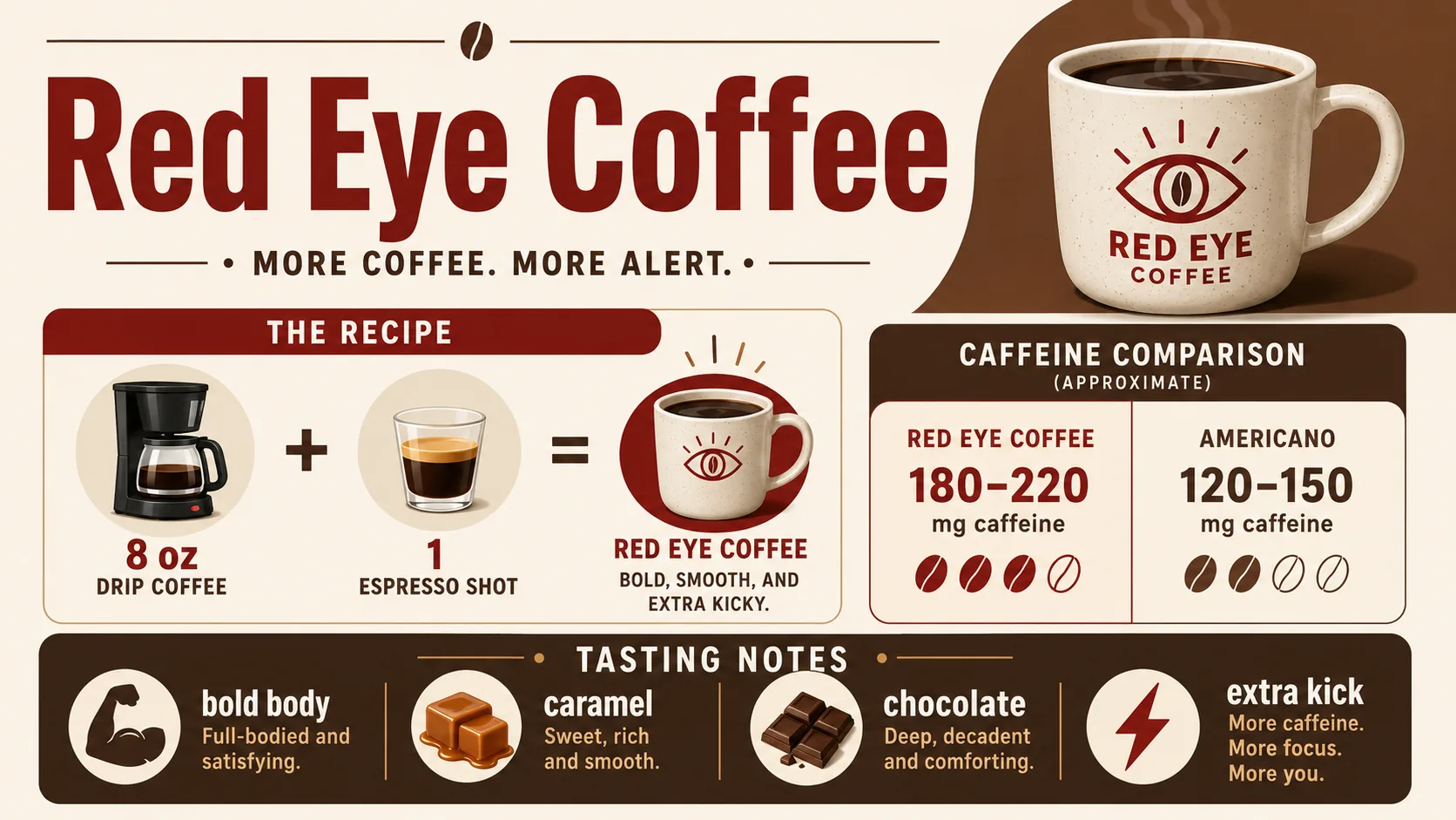 Red Eye coffee infographic showing drip coffee plus one espresso shot and caffeine comparison