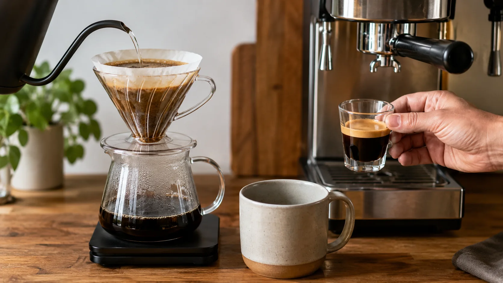 Red Eye coffee preparation with filter coffee, espresso shot, and mug on a wooden counter