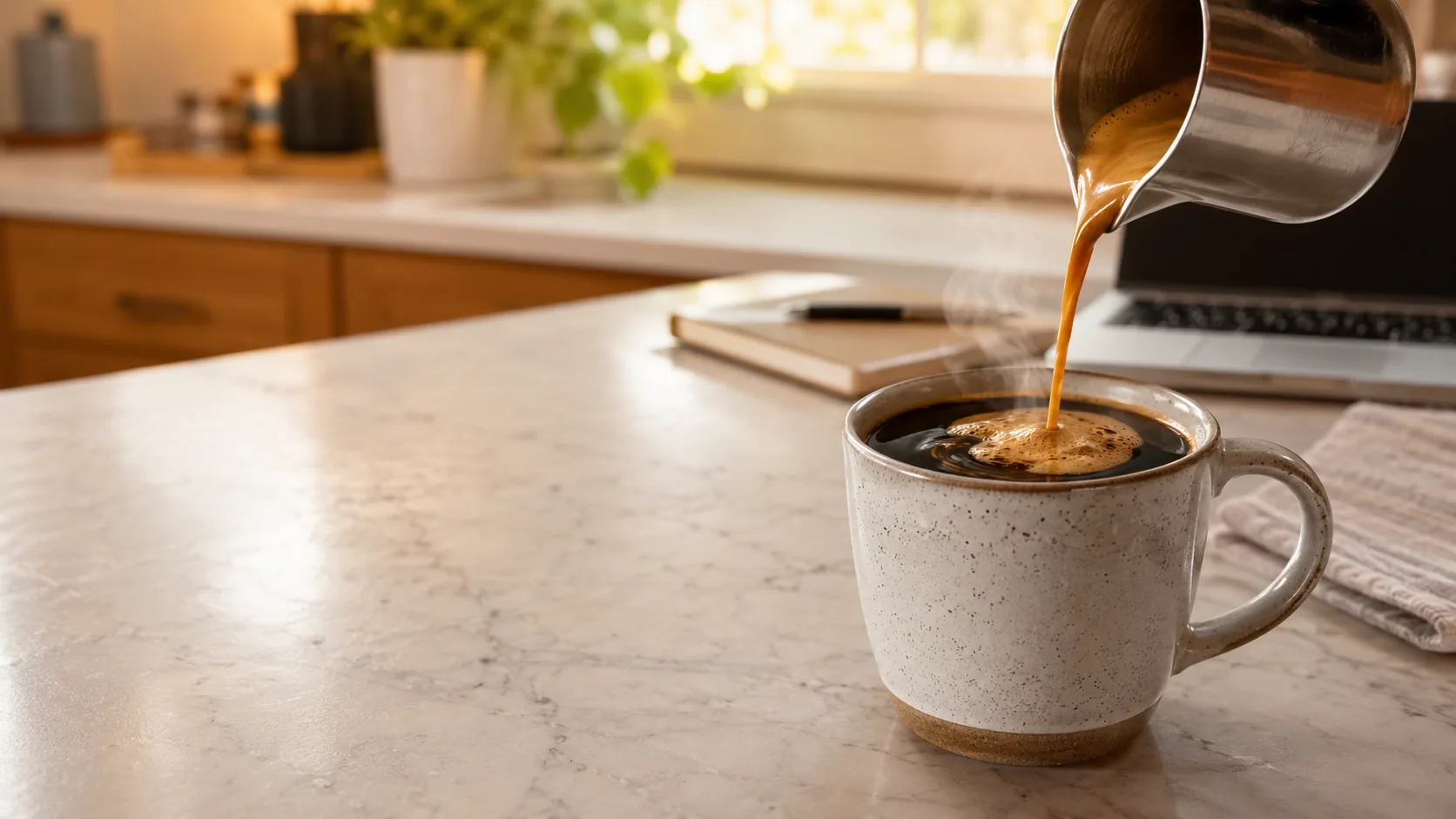 Red Eye coffee with espresso poured into a mug of drip coffee