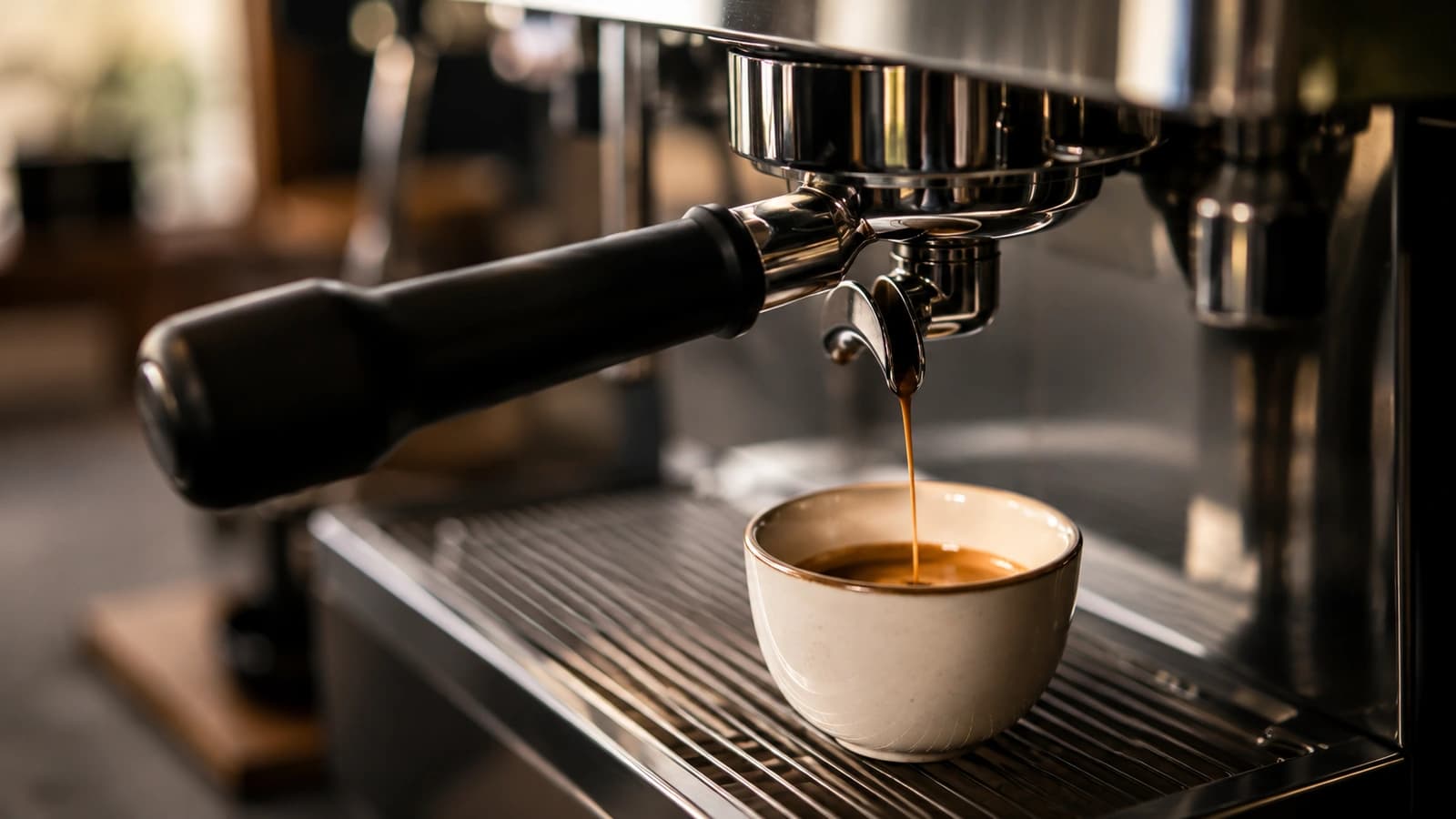 Short ristretto extraction flowing from an espresso machine into a small ceramic cup