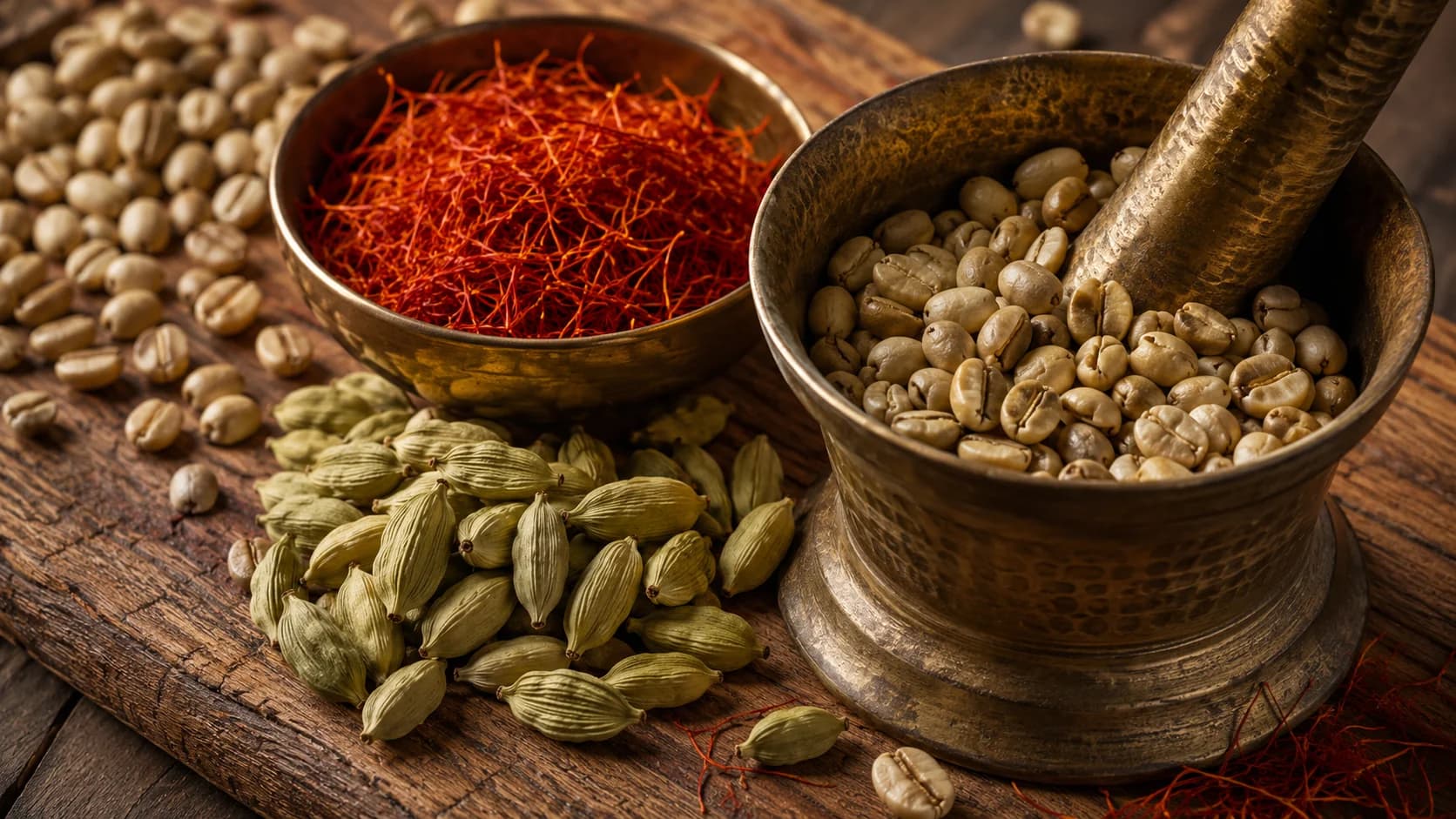 Saudi coffee ingredients with light coffee beans, cardamom pods, saffron, and a mortar