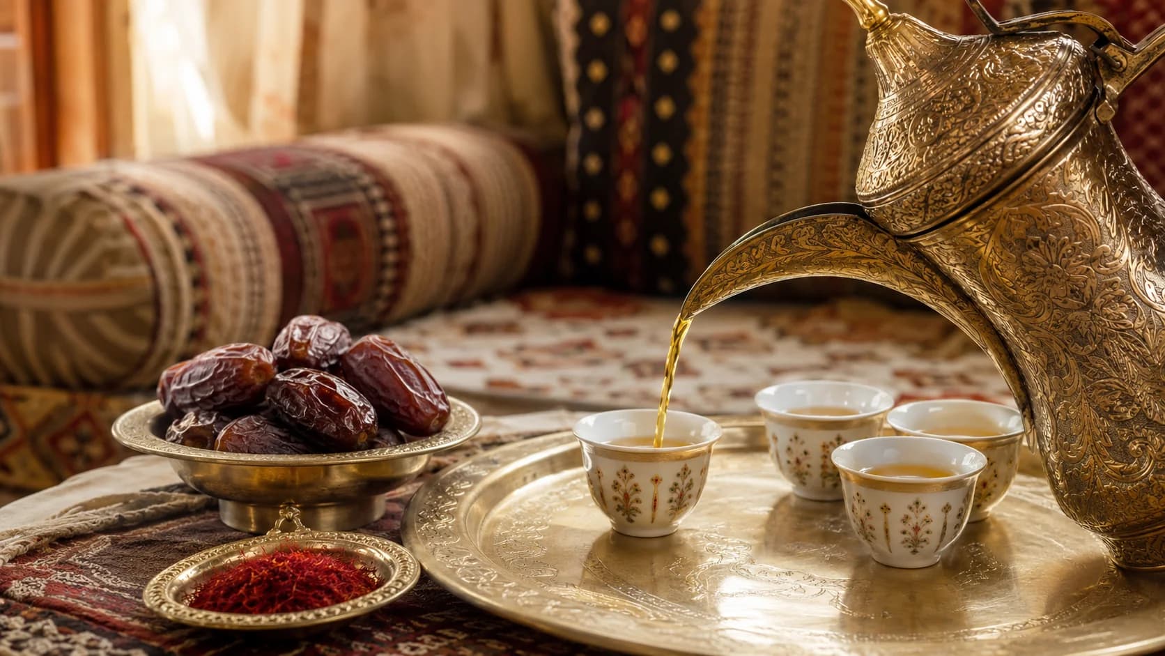 Saudi coffee being poured from a decorated dallah into small cups with dates
