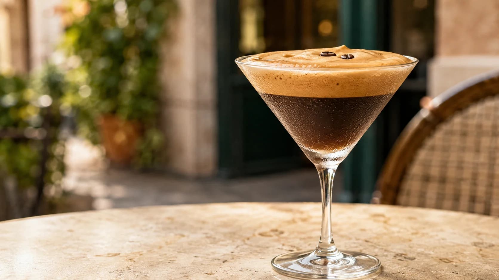 Foamy caffè shakerato served without ice in a chilled coupe glass