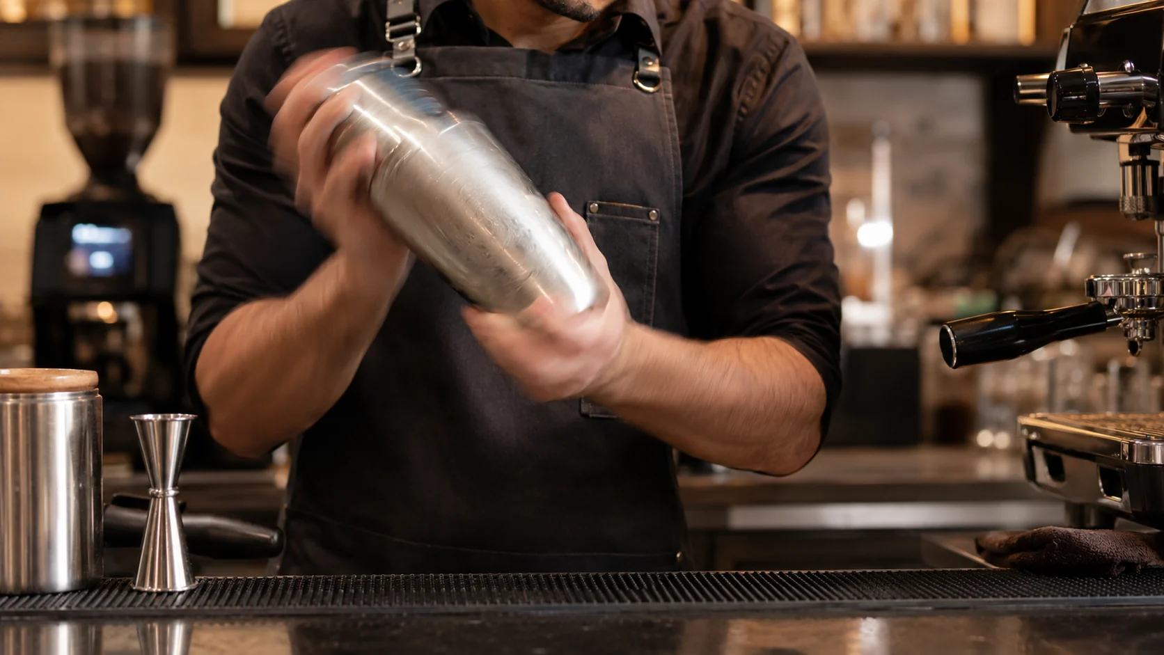 Barista shaking espresso, simple syrup and ice in a metal cocktail shaker