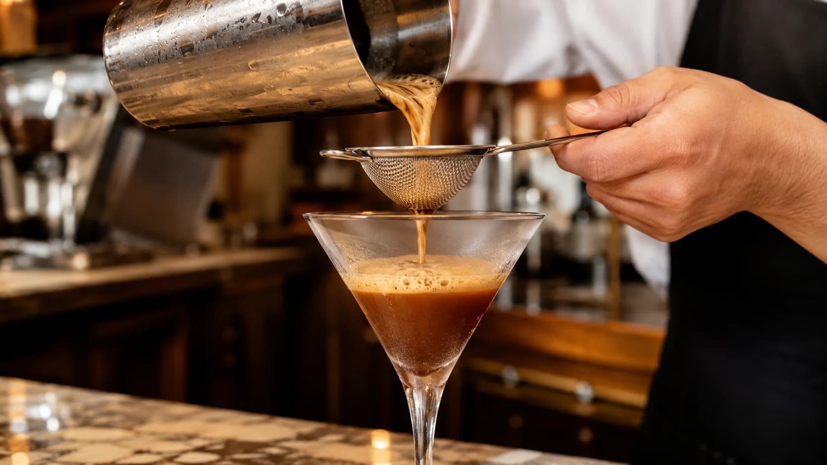 Foamy caffe shakerato being strained into a chilled coupe glass