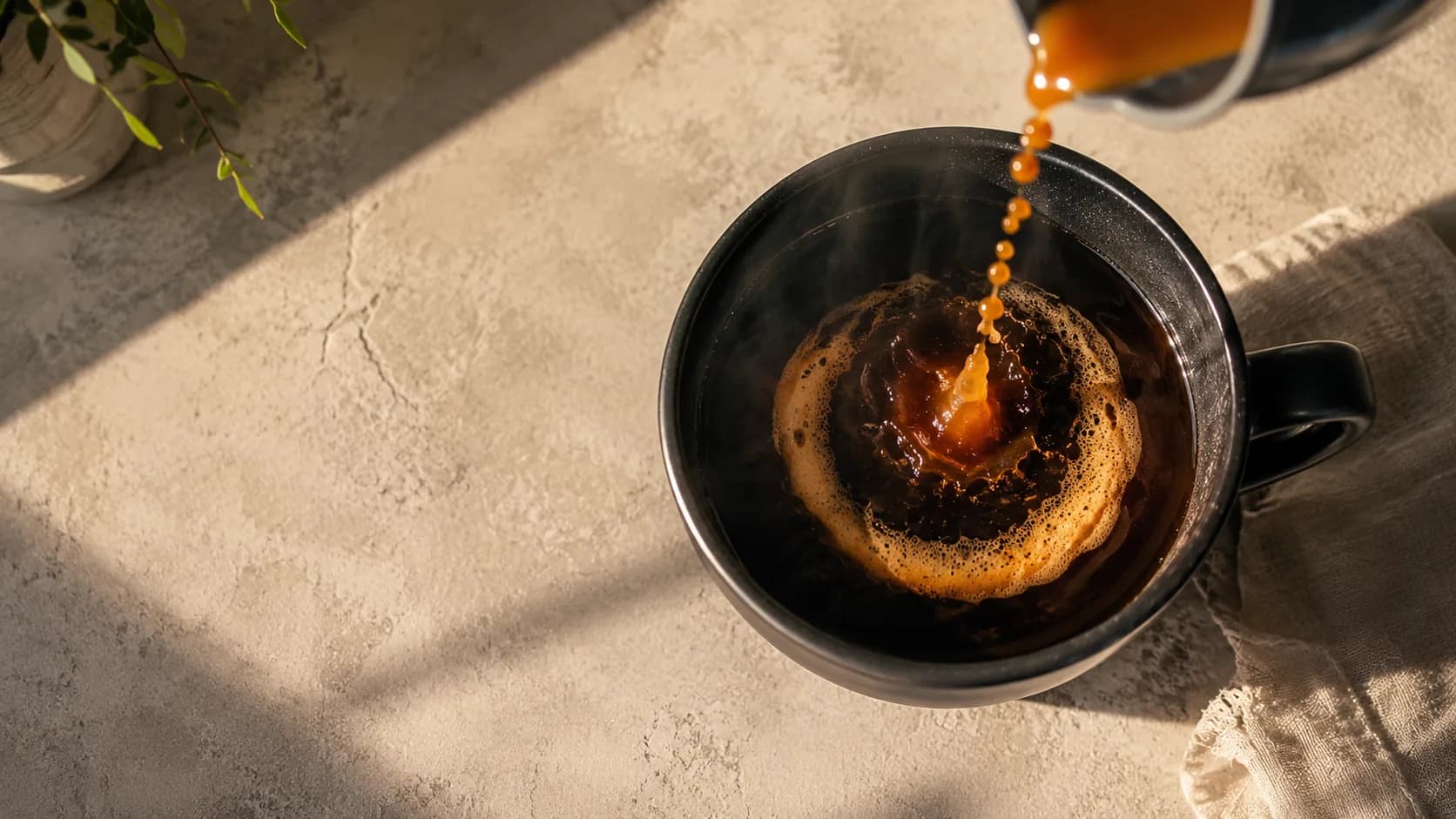 Espresso shot being poured into a mug of brewed coffee for a Shot in the Dark